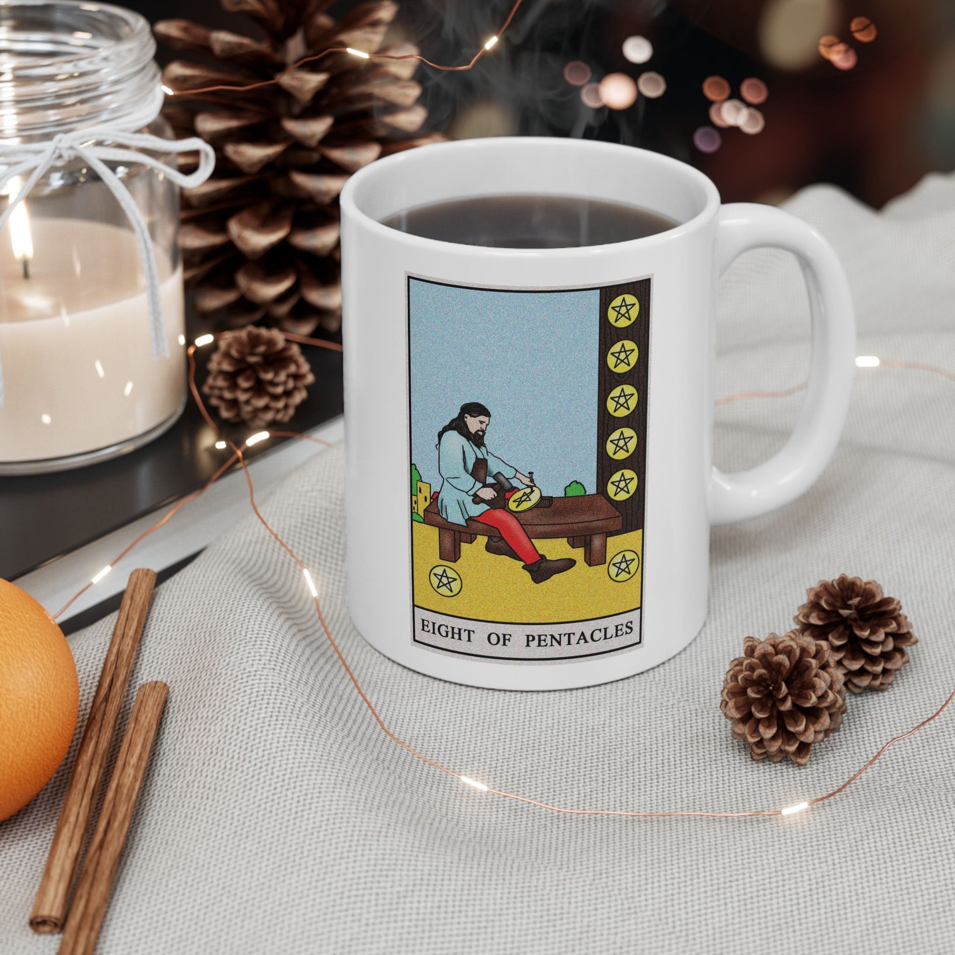 Eight of Pentacles Tarot Card Coffee Mug - Double Sided Print, White Ceramic, 11oz by TheGlassyLass.com