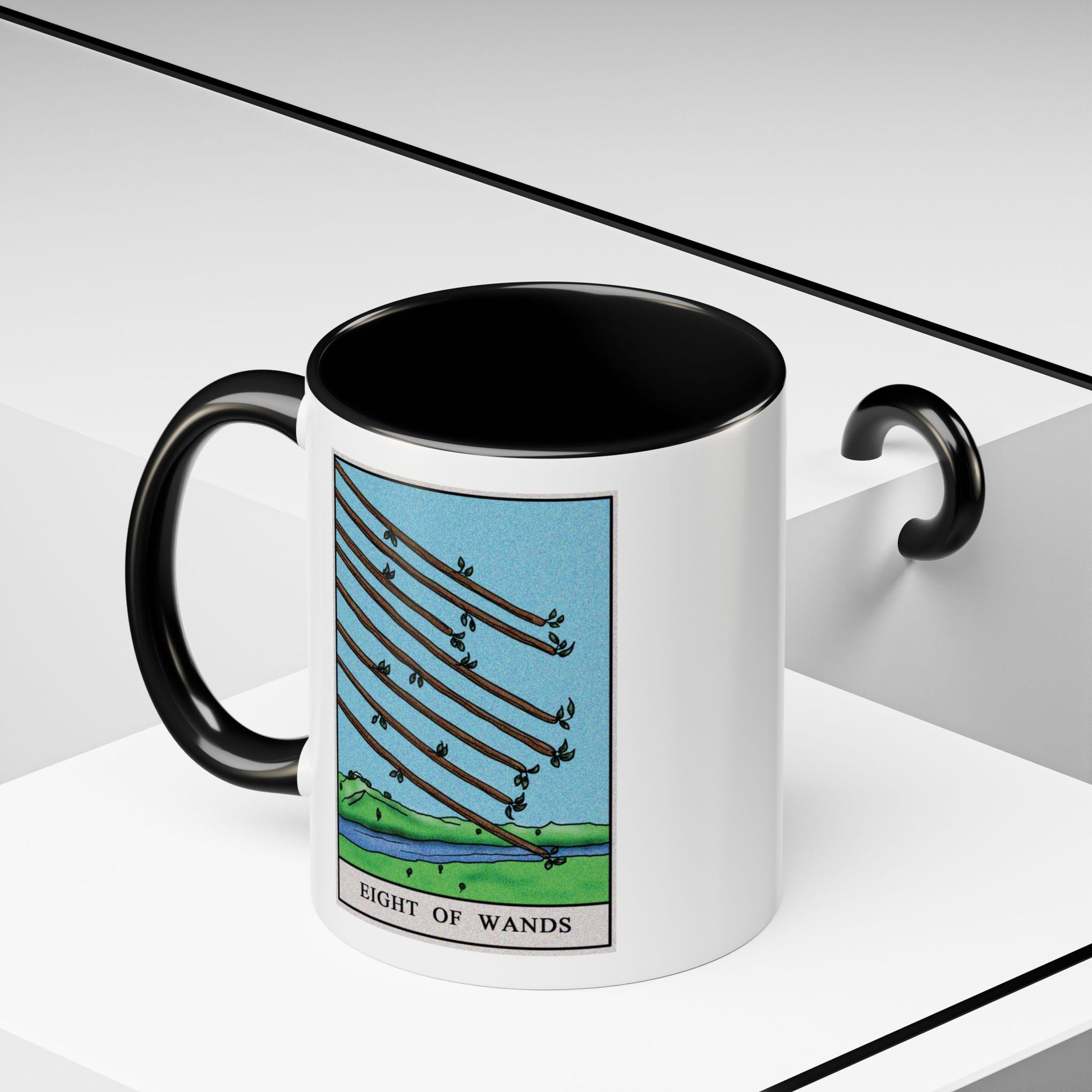 Eight of Wands Tarot Card Coffee Mug - Double Sided Print, Black Accent White Ceramic, 11oz by TheGlassyLass.com