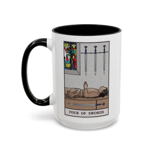 Four of Swords Tarot Card Coffee Mug - Double Sided Black Accent White Ceramic 15oz by TheGlassyLass.com