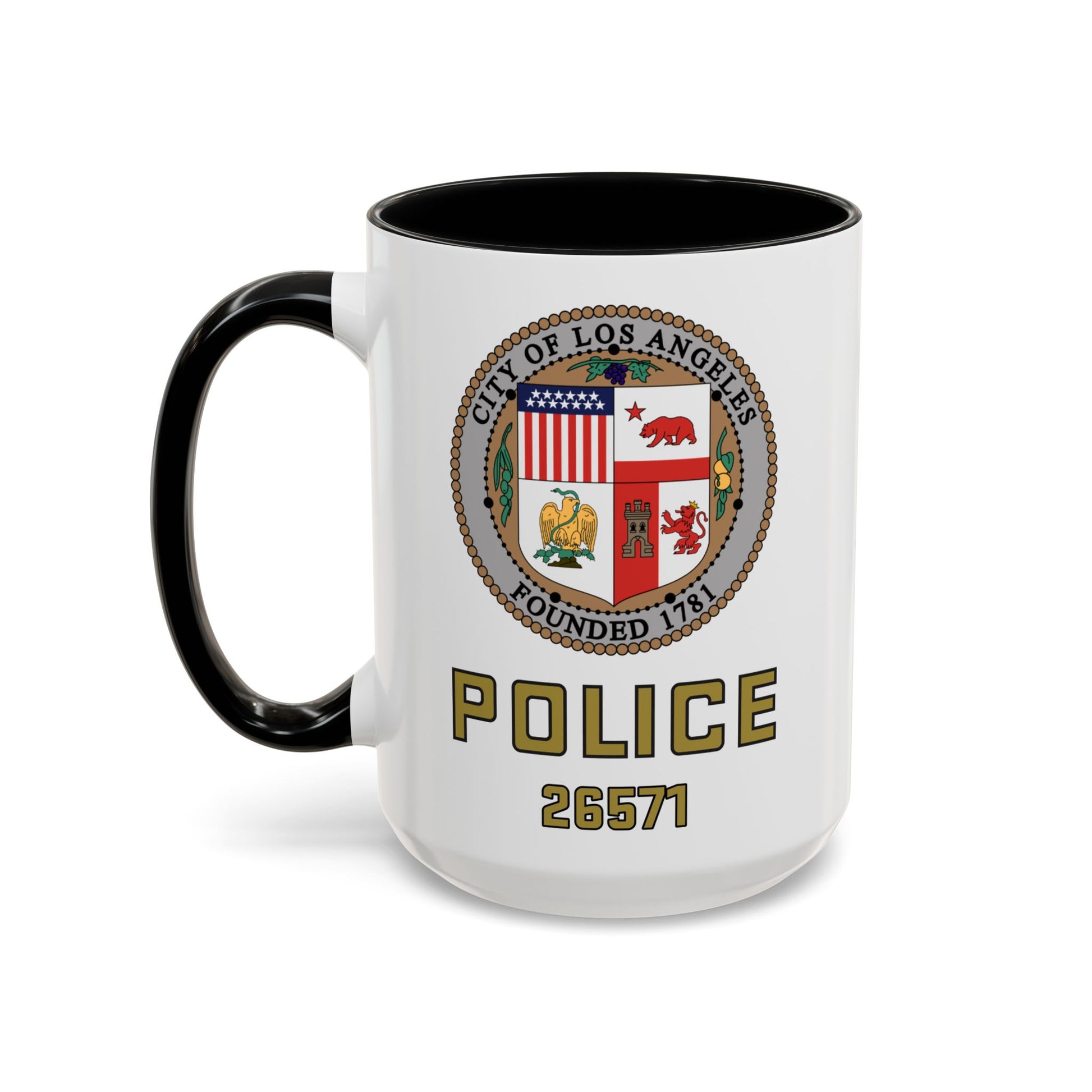 LAPD Cruiser Seal w/ Shop Number 26571 Coffee Mug - Double Sided Black Accent White Ceramic 15oz by TheGlassyLass.com