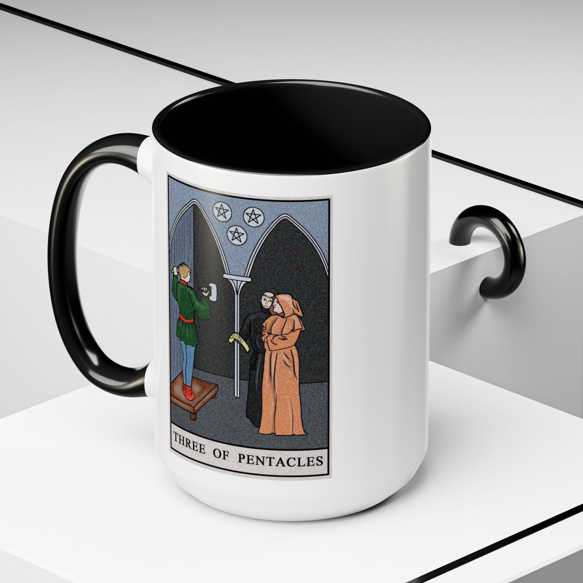 Three of Pentacles Tarot Card Coffee Mug - Double Sided Black Accent White Ceramic 15oz by TheGlassyLass.com