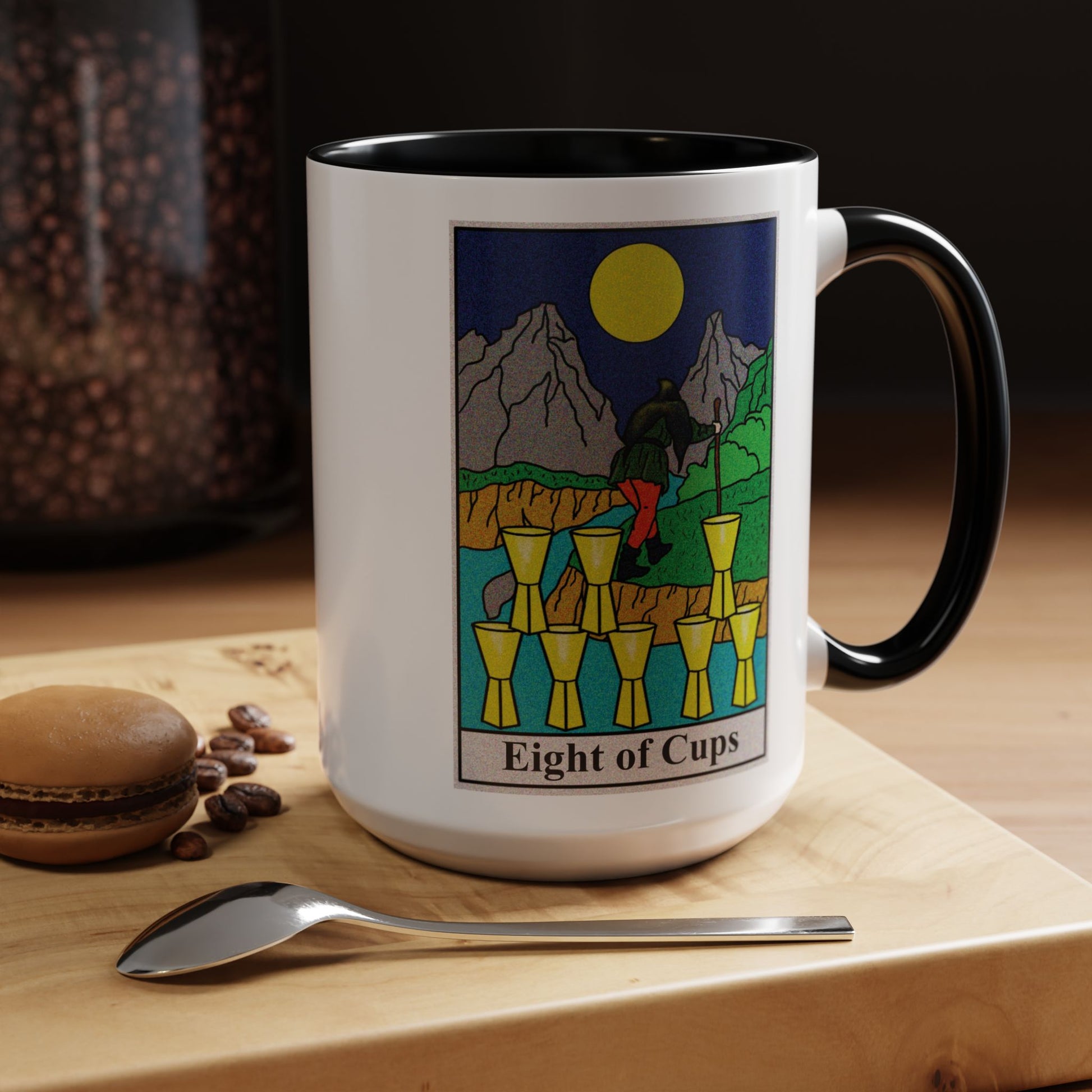 Eight of Cups Tarot Card Coffee Mug - Double Sided Black Accent White Ceramic 15oz by TheGlassyLass.com