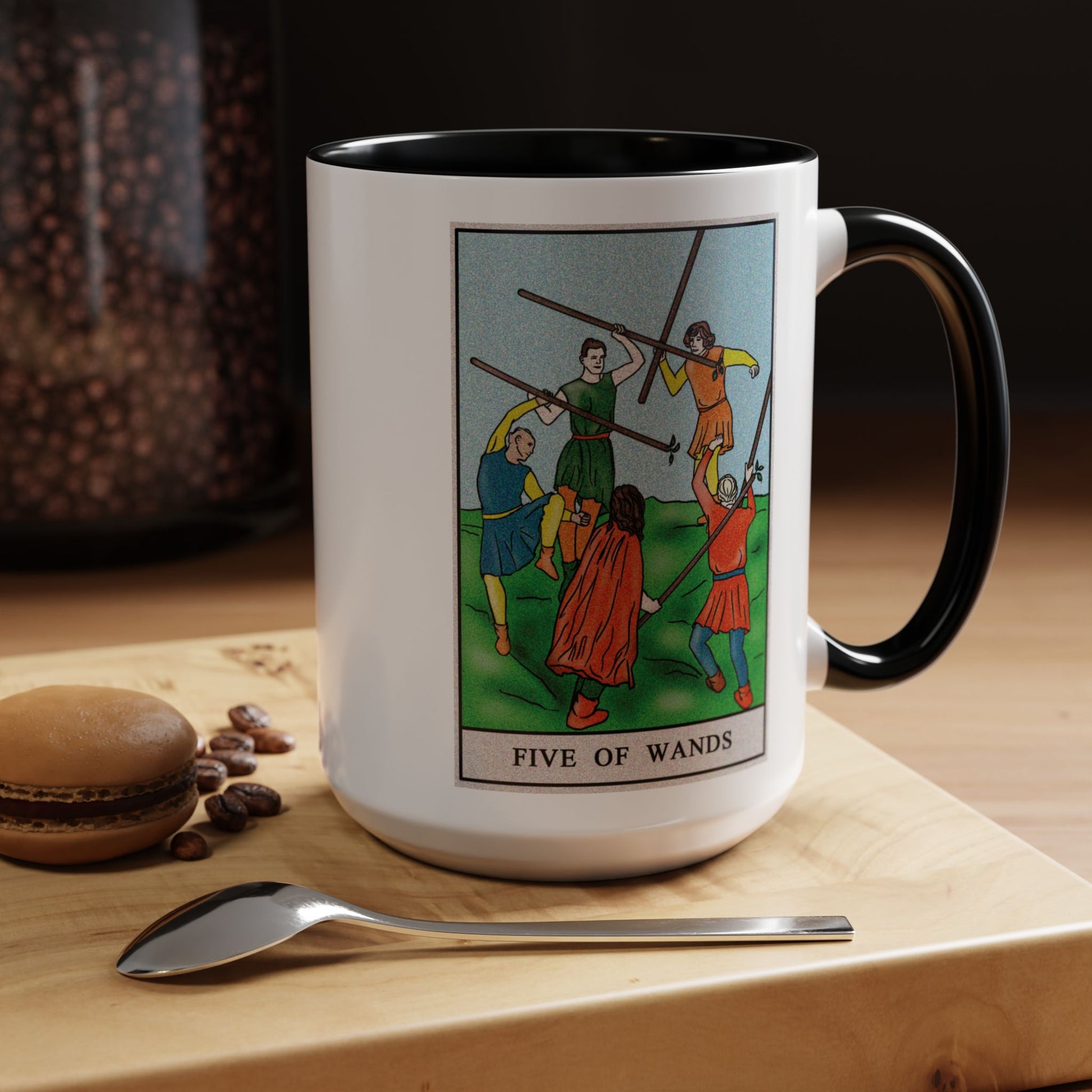 Five of Wands Tarot Card Coffee Mug - Double Sided Black Accent White Ceramic 15oz by TheGlassyLass.com