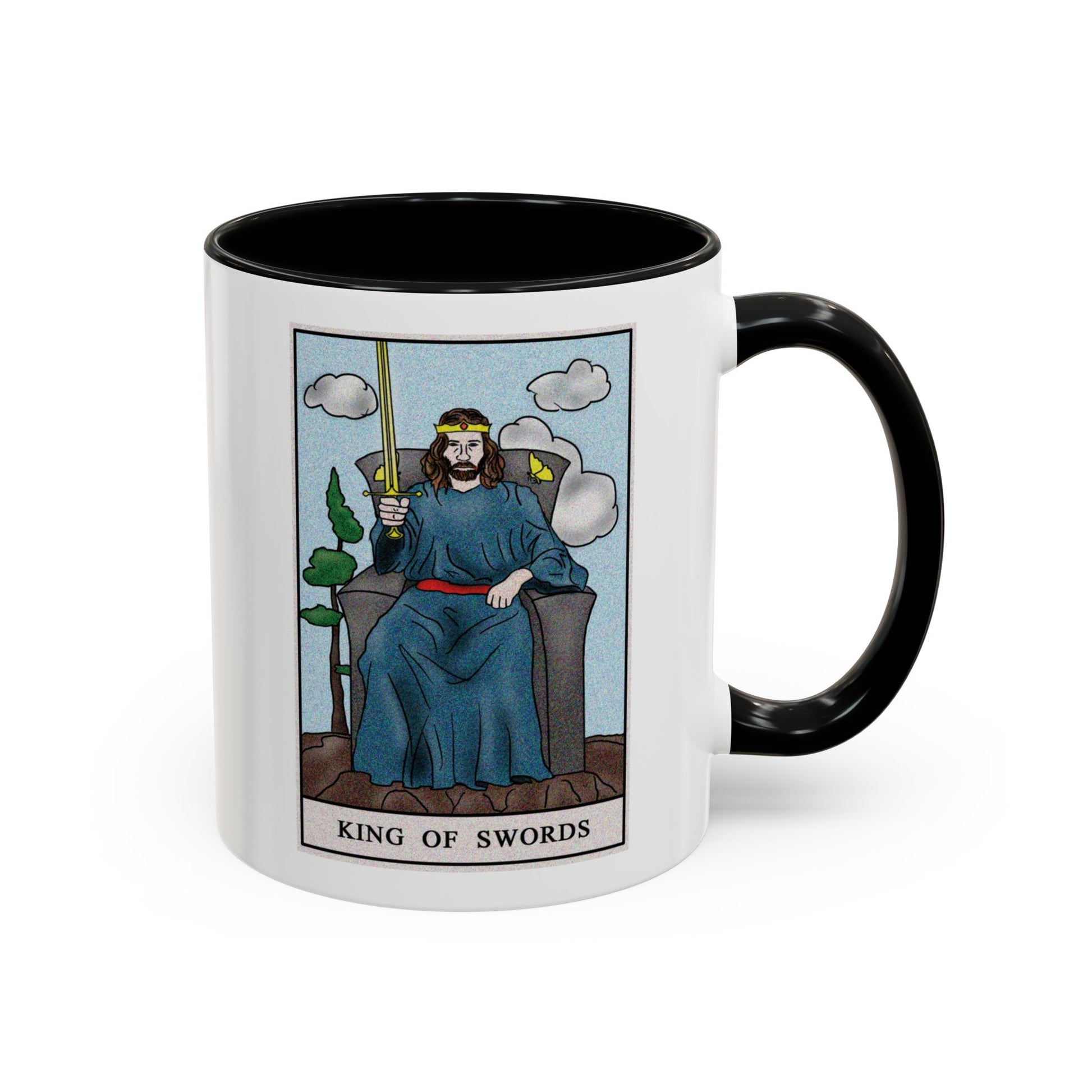 King of Swords Tarot Card Coffee Mug - Double Sided Print, Black Accent White Ceramic, 11oz by TheGlassyLass.com