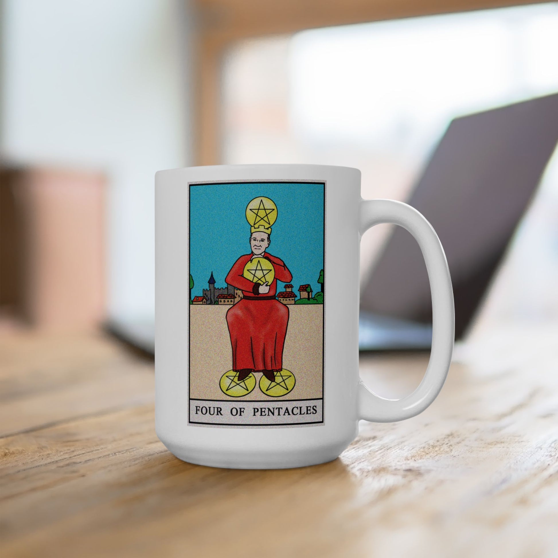 Four of Pentacles Tarot Card Coffee Mug - Double Sided White Ceramic 15oz by TheGlassyLass.com