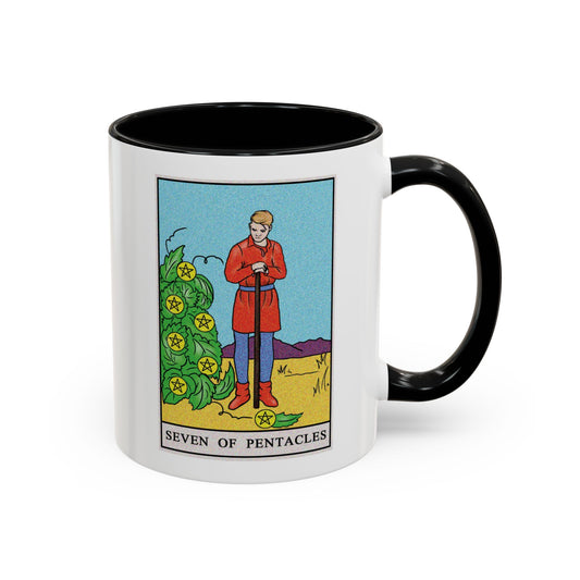 ﻿Seven of Pentacles Tarot Card Coffee Mug - Double Sided Print, Black Accent White Ceramic, 11oz by TheGlassyLass