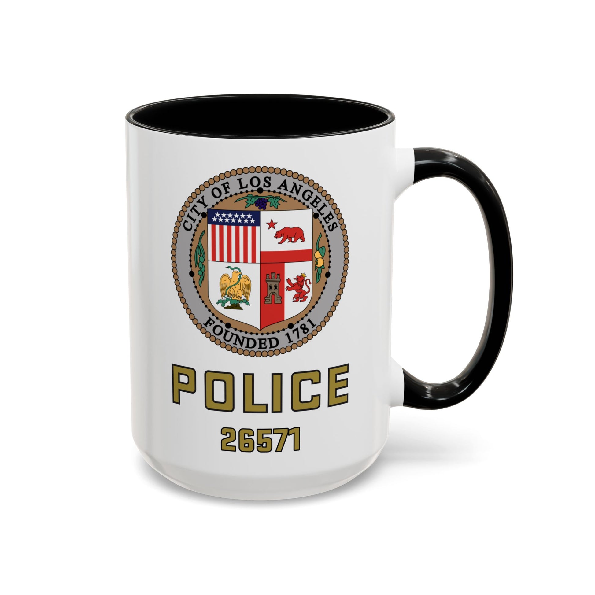 LAPD Cruiser Seal w/ Shop Number 26571 Coffee Mug - Double Sided Black Accent White Ceramic 15oz by TheGlassyLass.com