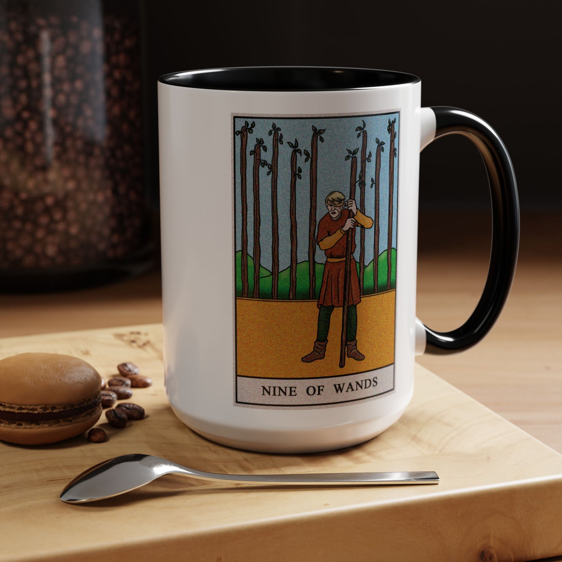 Nine of Wands Tarot Card Coffee Mug - Double Sided Black Accent White Ceramic 15oz by TheGlassyLass.com