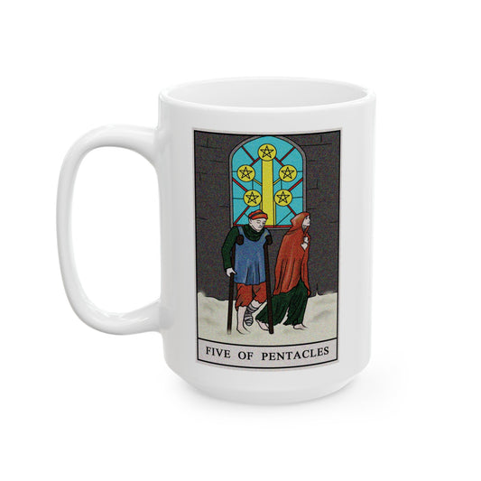 Five of Pentacles Tarot Card Coffee Mug - Double Sided White Ceramic 15oz by TheGlassyLass.com