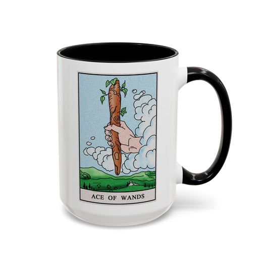 Ace of Wands Tarot Card Coffee Mug - Double Sided Black Accent White Ceramic 15oz by TheGlassyLass.com