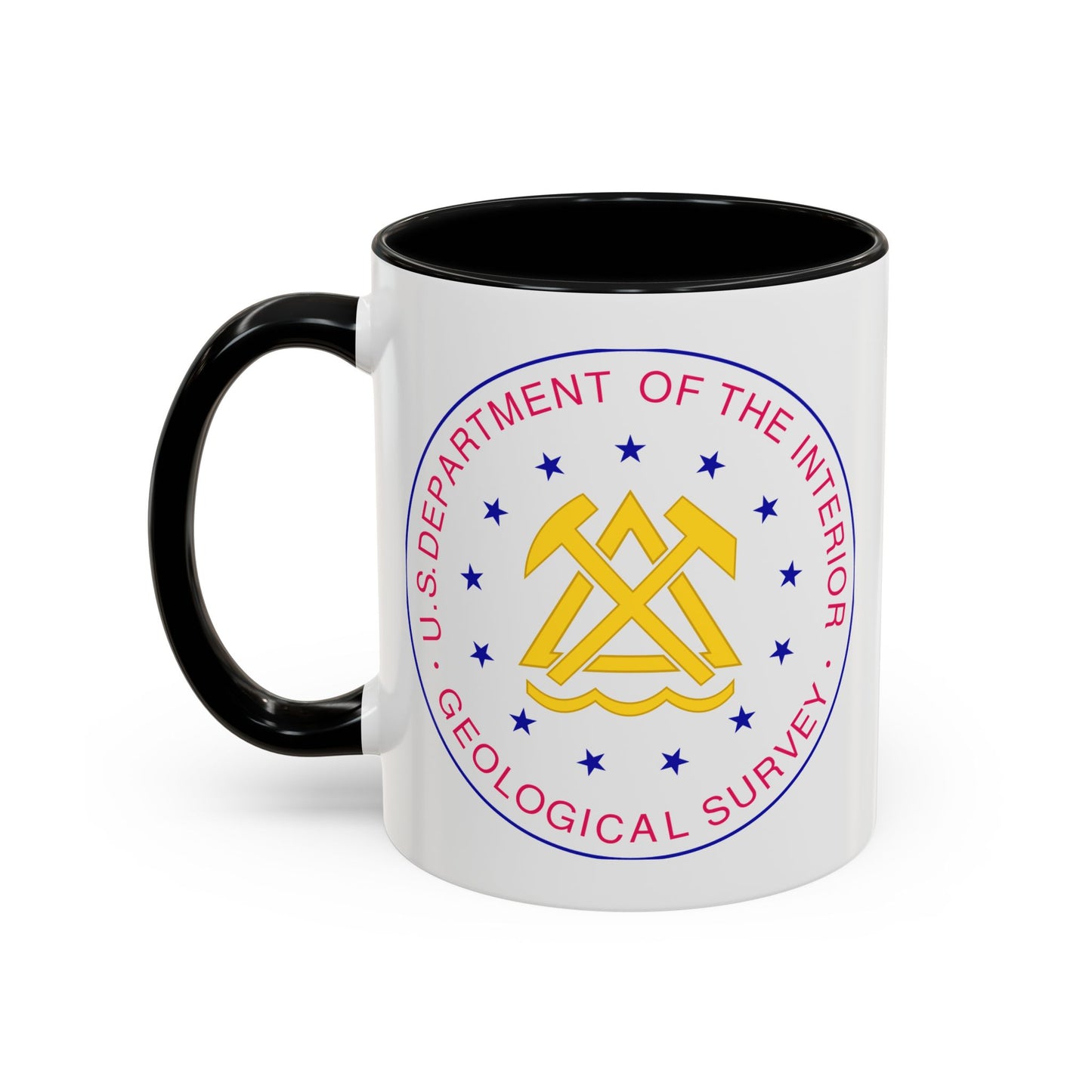 US Department of the Interior Geological Survey Coffee Mug - Double Sided Print, Black Accent White Ceramic, 11oz by TheGlassyLass.com