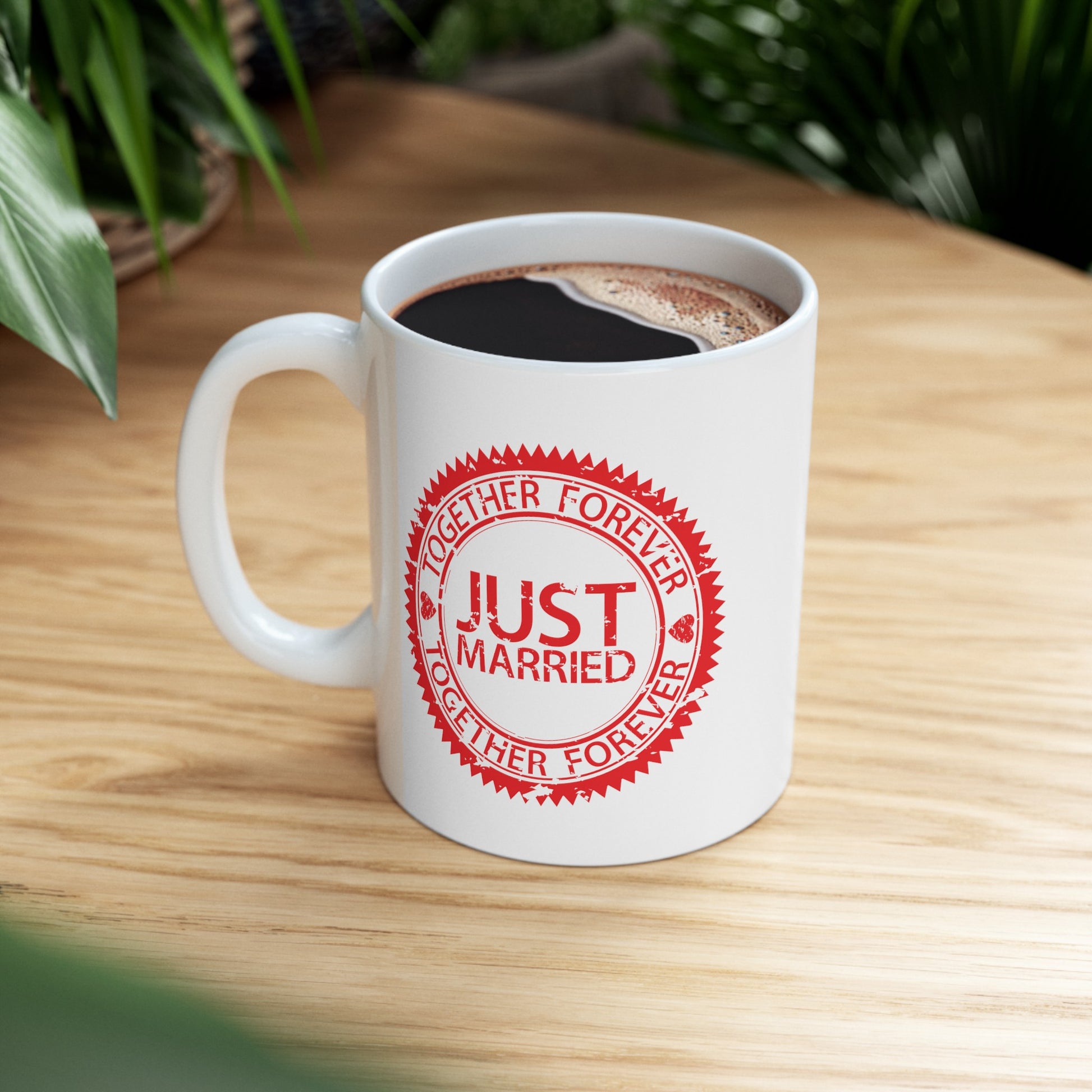 Just Married Coffee Mug - Double Sided White Ceramic 11oz by TheGlassyLass.com