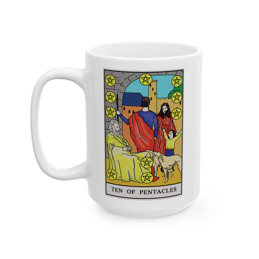 Ten of Pentacles Tarot Card Coffee Mug - Double Sided White Ceramic 15oz by TheGlassyLass.com