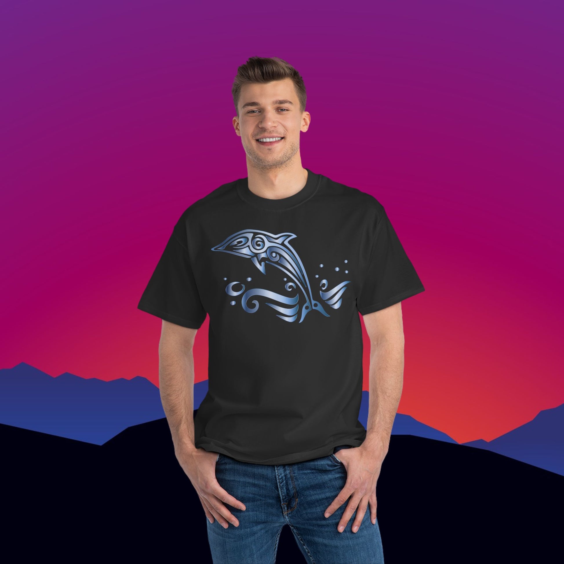 Dolphin T-Shirt: (Hanes Beefy-T 100% Preshrunk Cotton Custom Printed by TheGlassyLass.com