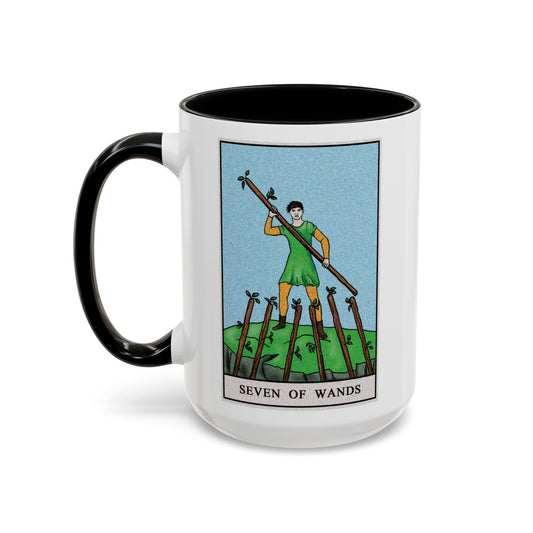 Seven of Wands Tarot Card Coffee Mug - Double Sided Black Accent White Ceramic 15oz by TheGlassyLass