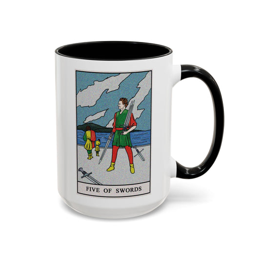 Five of Swords Tarot Card Coffee Mug - Double Sided Black Accent White Ceramic 15oz by TheGlassyLass.com