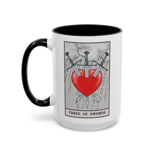 Three of Swords Tarot Card Coffee Mug - Double Sided Black Accent White Ceramic 15oz by TheGlassyLass.com