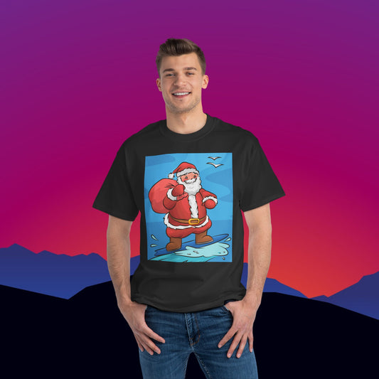 Surfing Santa in Australia Christmas T-Shirt: (Hanes Beefy-T 100% Preshrunk Cotton Custom Printed by TheGlassyLass.com