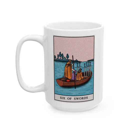 Six of Swords Tarot Card Coffee Mug - Double Sided White Ceramic 15oz by TheGlassyLass