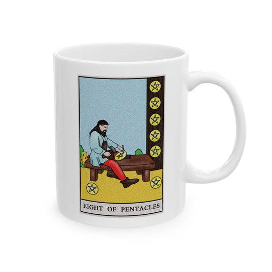 Eight of Pentacles Tarot Card Coffee Mug - Double Sided Print, White Ceramic, 11oz by TheGlassyLass.com