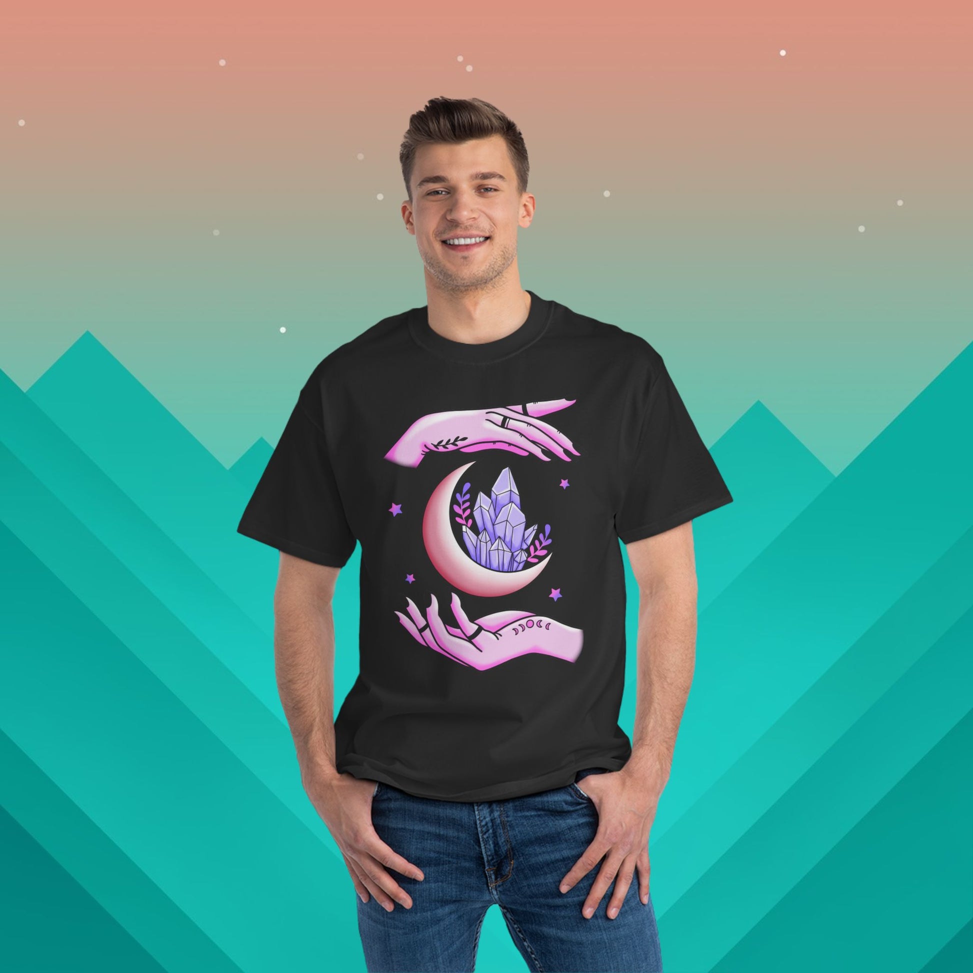 Amethyst Crystal Moon T-Shirt: (Hanes Beefy-T 100% Preshrunk Cotton Custom Printed by TheGlassyLass.com