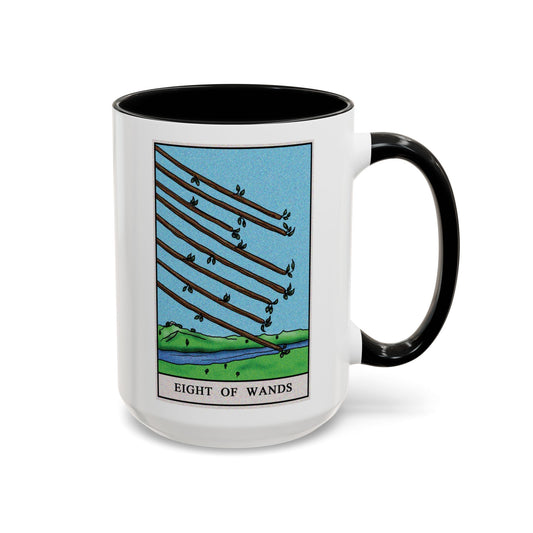 Eight of Wands Tarot Card Coffee Mug - Double Sided Black Accent White Ceramic 15oz by TheGlassyLass.com