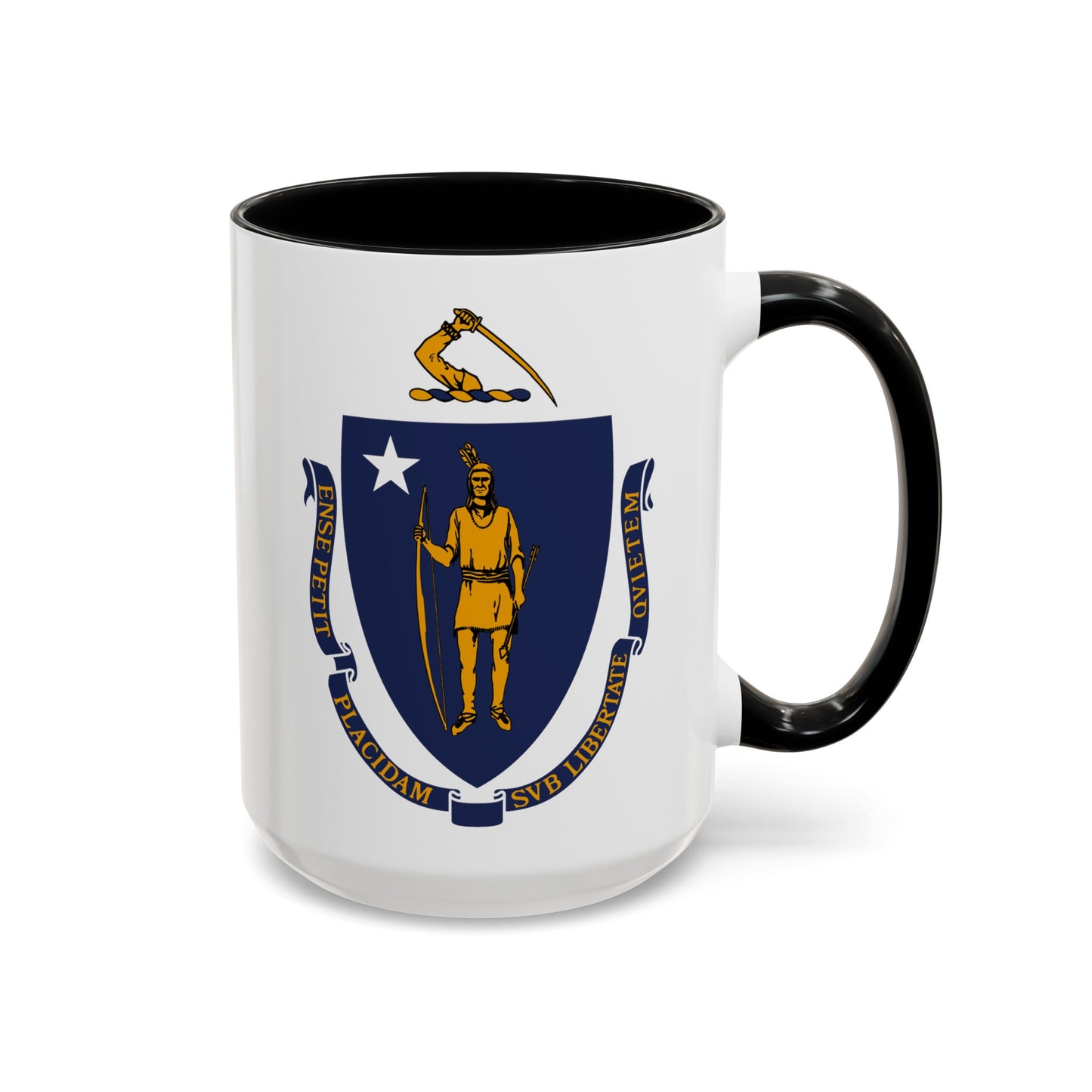Commonwealth of Massachusetts State Flag - Double Sided Black Accent White Ceramic Coffee Mug 15oz by TheGlassyLass.com