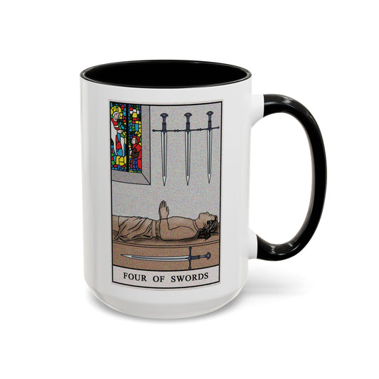 Four of Swords Tarot Card Coffee Mug - Double Sided Black Accent White Ceramic 15oz by TheGlassyLass.com