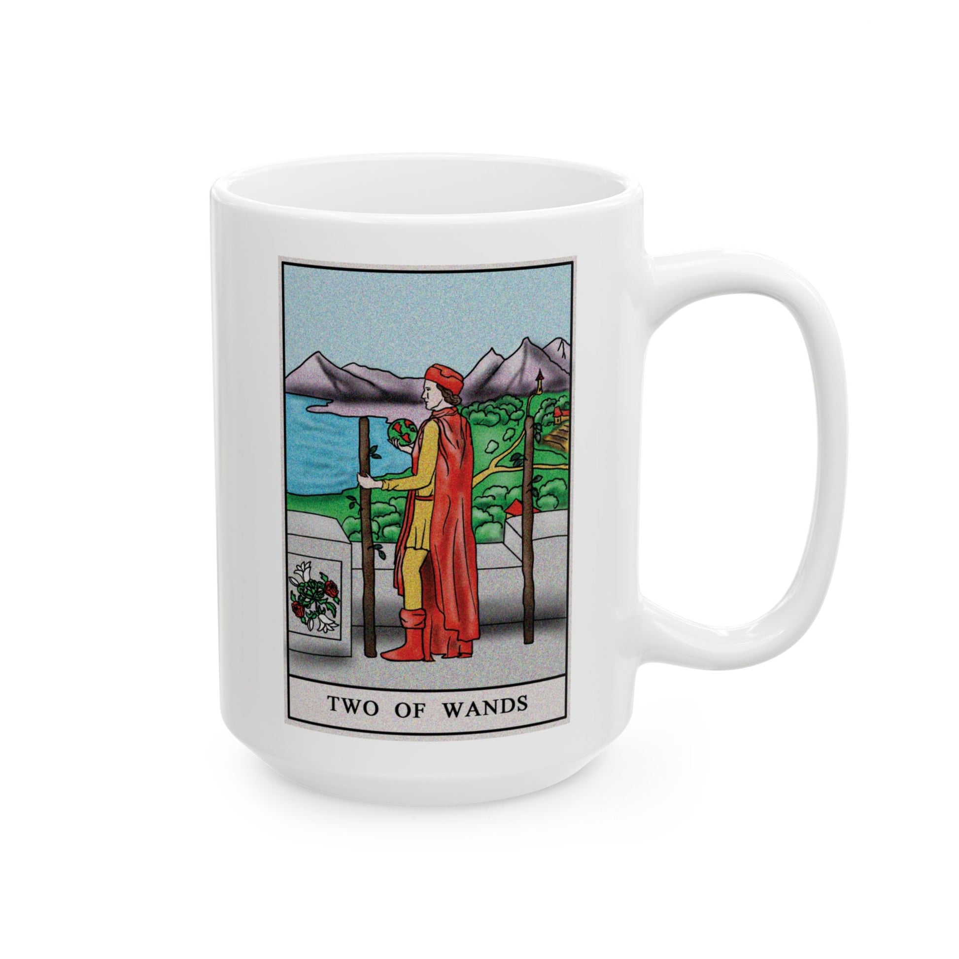 Three of Wands Tarot Card Coffee Mug - Double Sided White Ceramic 15oz by TheGlassyLass.com