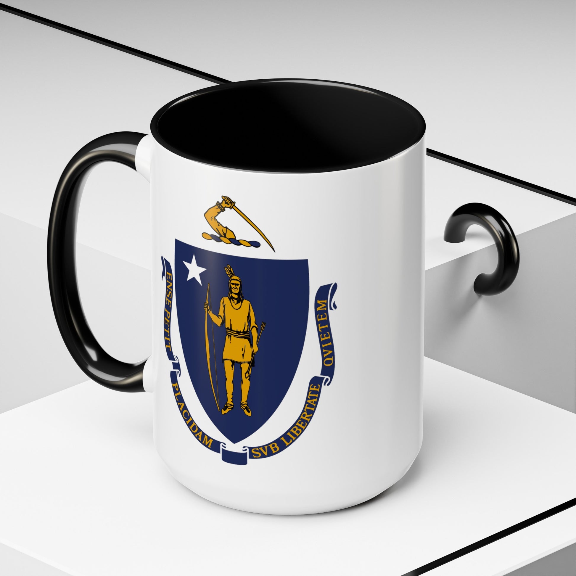 Commonwealth of Massachusetts State Flag - Double Sided Black Accent White Ceramic Coffee Mug 15oz by TheGlassyLass.com