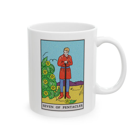 ﻿Seven of Pentacles Tarot Card Coffee Mug - Double Sided Print, White Ceramic, 11oz by TheGlassyLass