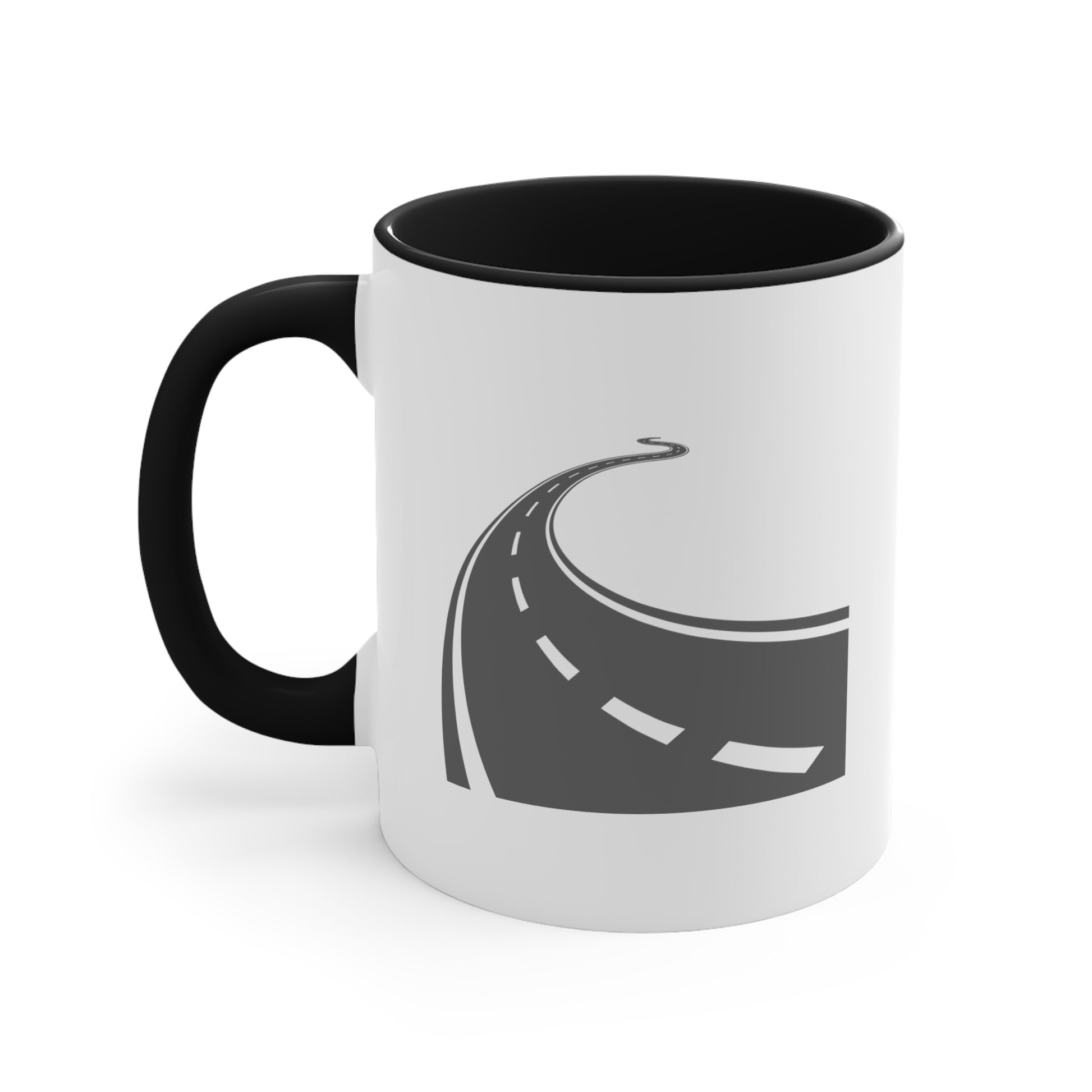 Long and Winding Road Coffee Mug - Double Sided Black Accent White Ceramic 11oz by TheGlassyLass.com