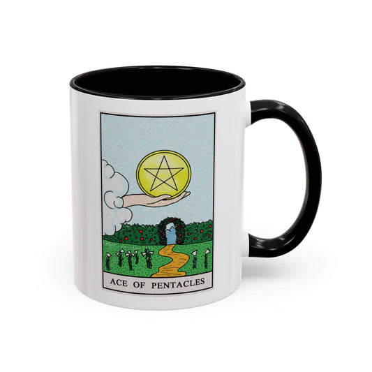 Ace of Pentacles Tarot Card Coffee Mug - Double Sided Print, Black Accent White Ceramic, 11oz by TheGlassyLass.com