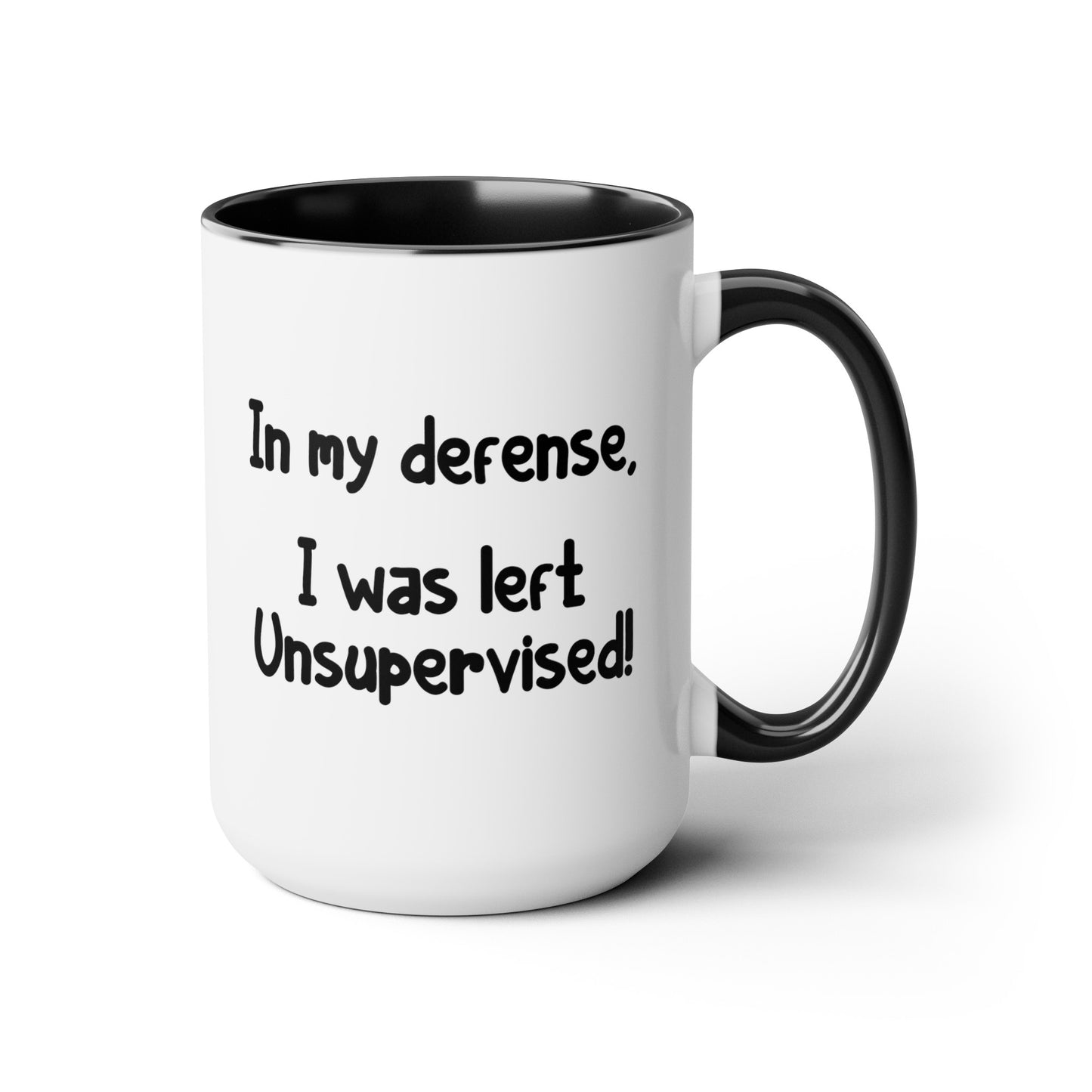 In My Defense - Double Sided Black Accent White Ceramic Coffee Mug 15oz by TheGlassyLass.com