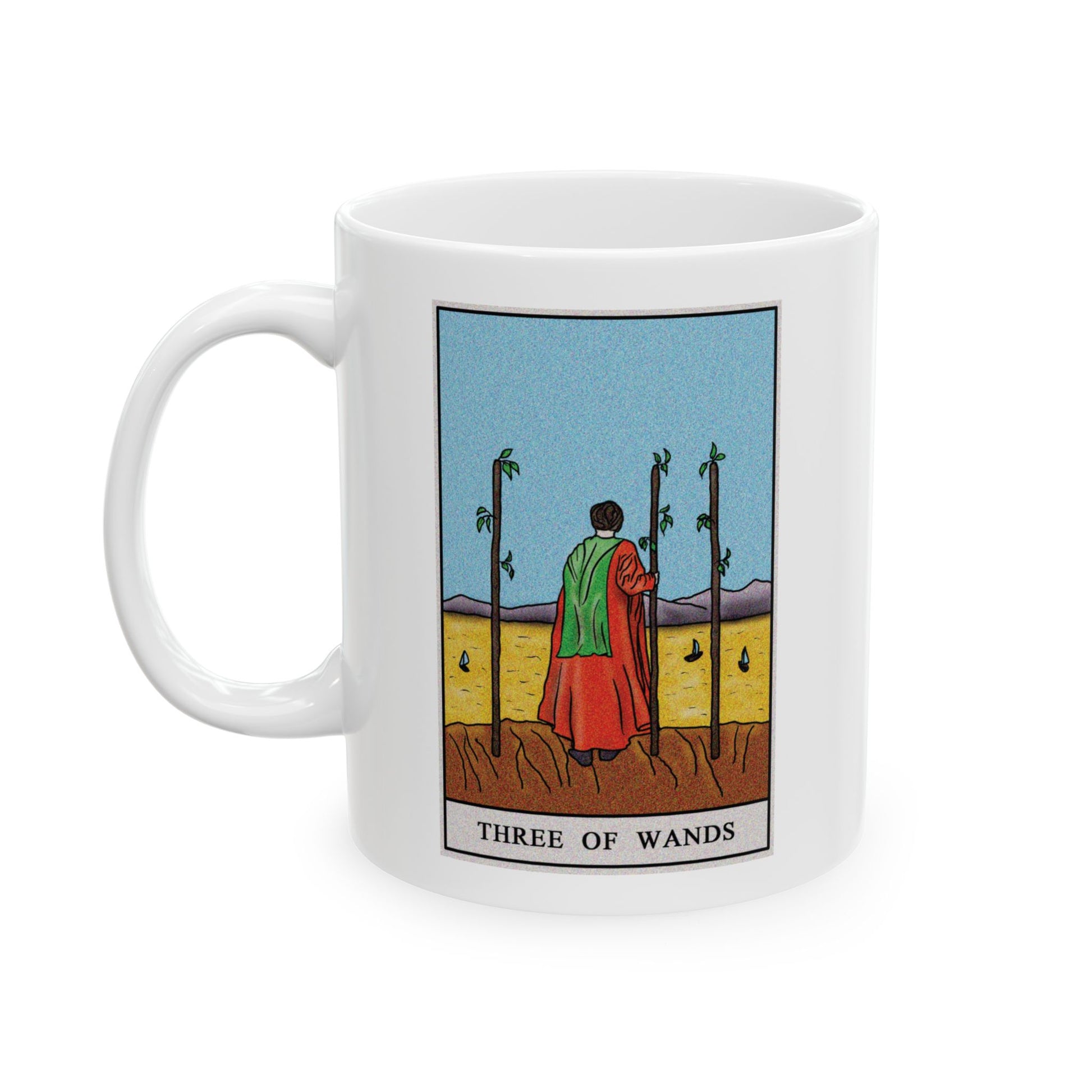 Three of Wands Tarot Card Coffee Mug - Double Sided Print, White Ceramic, 11oz by TheGlassyLass.com