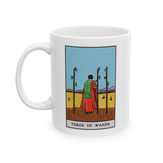 Three of Wands Tarot Card Coffee Mug - Double Sided Print, White Ceramic, 11oz by TheGlassyLass.com