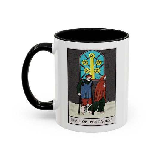 Five of Pentacles Tarot Card Coffee Mug - Double Sided Print, Black Accent White Ceramic, 11oz by TheGlassyLass.com