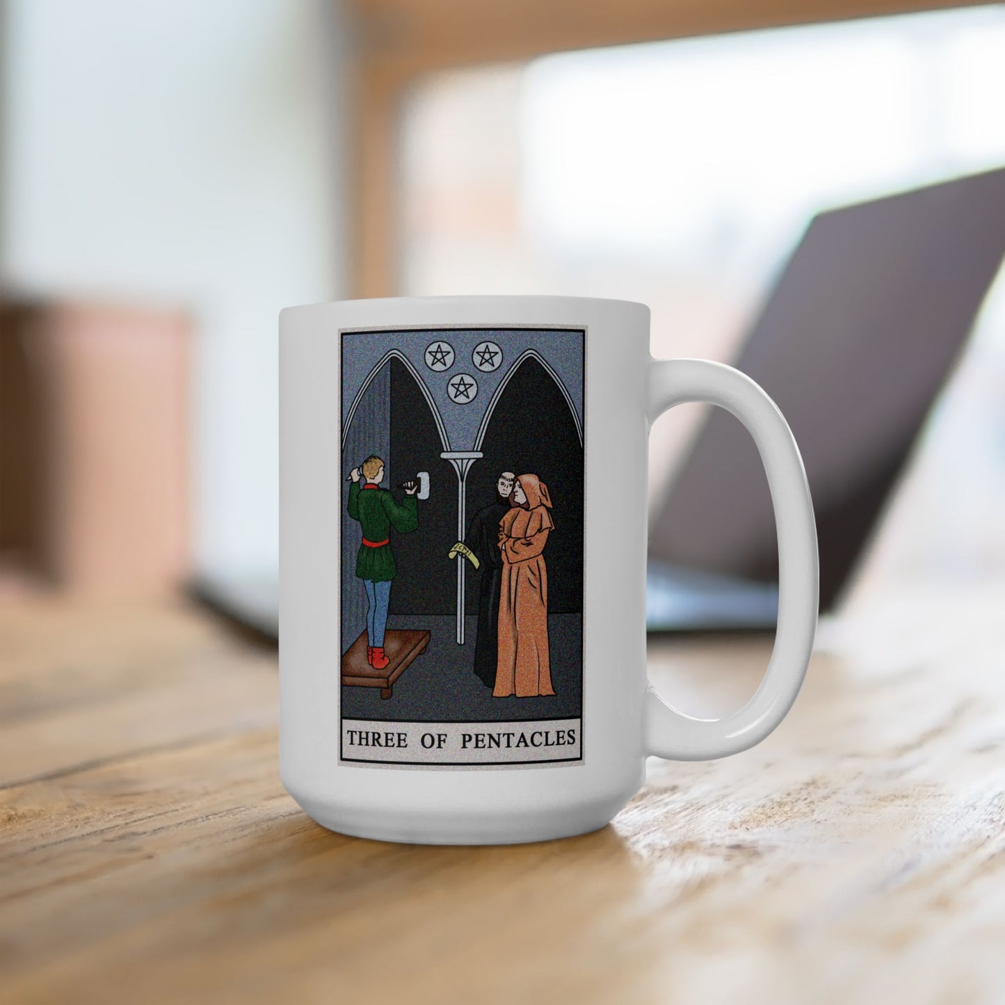 Three of Pentacles Tarot Card Coffee Mug - Double Sided White Ceramic 15oz by TheGlassyLass.com