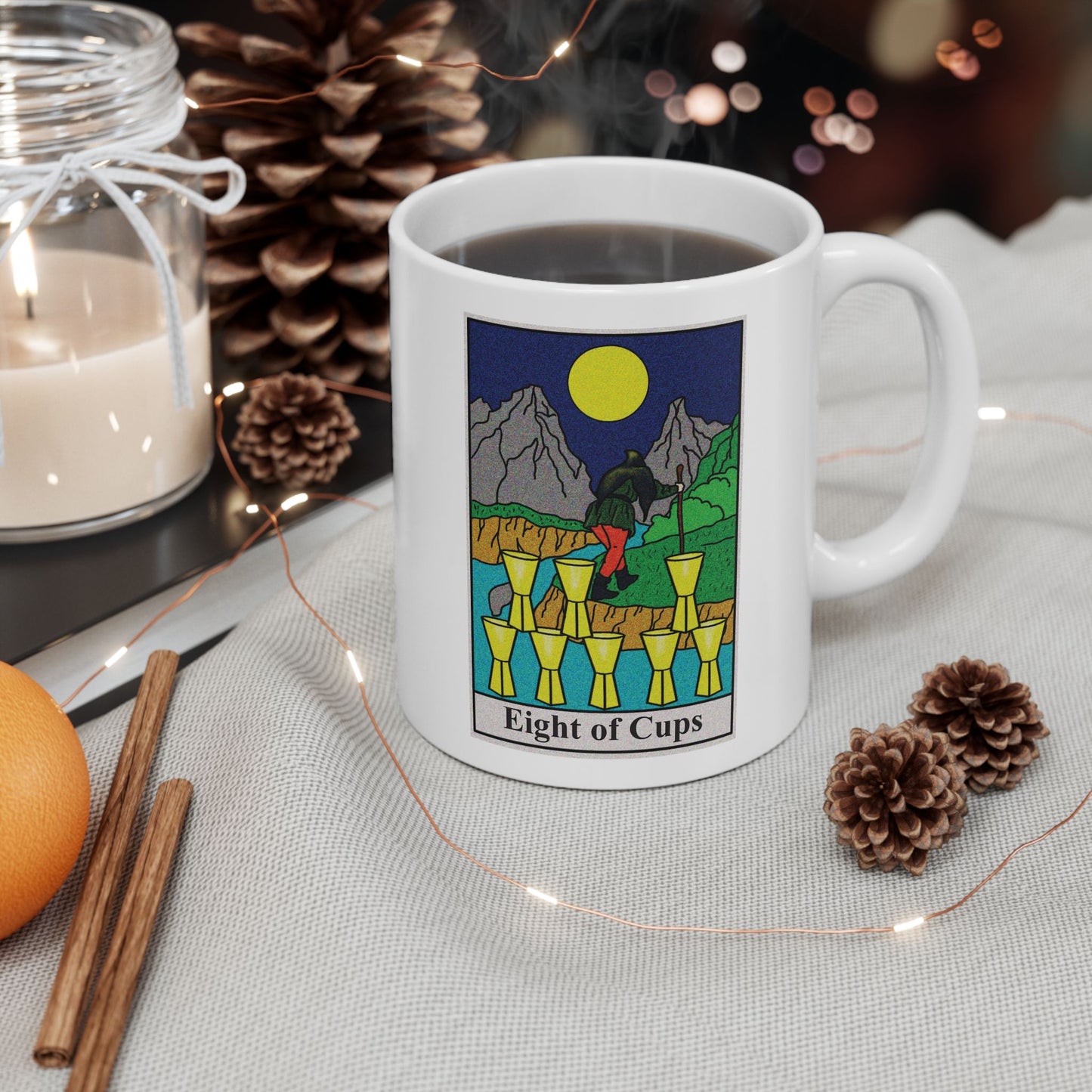 Eight of Cups Tarot Card Coffee Mug - Double Sided Print, White Ceramic, 11oz by TheGlassyLass.com