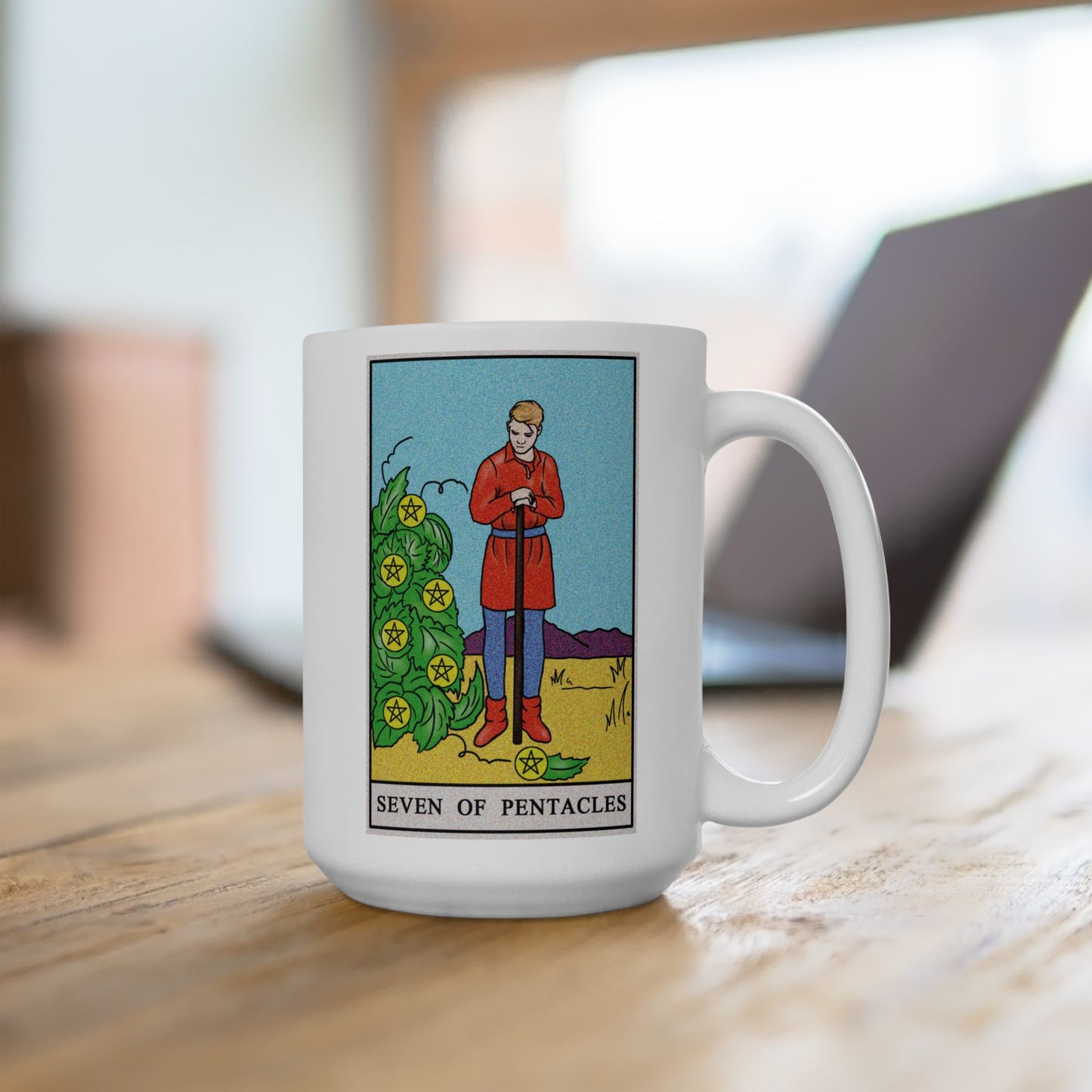 ﻿Seven of Pentacles Tarot Card Coffee Mug - Double Sided White Ceramic 15oz by TheGlassyLass