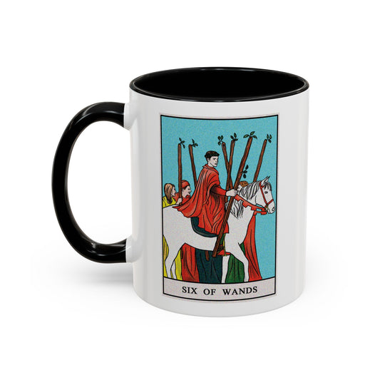 Six of Wands Tarot Card Coffee Mug - Double Sided Print, Black Accent White Ceramic, 11oz by TheGlassyLass.com