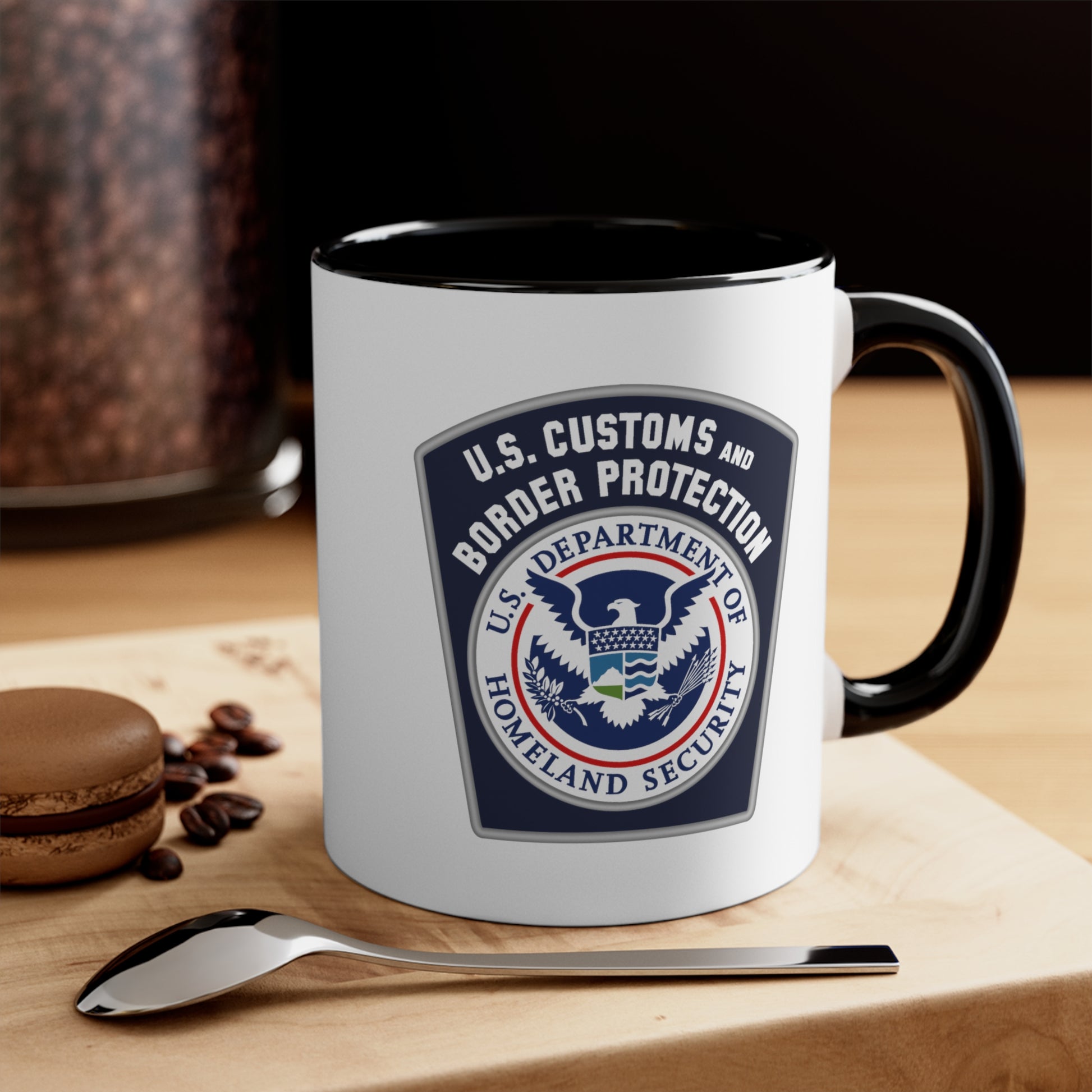 US Customs and Border Protection Coffee Mug - Double Sided Black Accent White Ceramic 11oz by TheGlassyLass