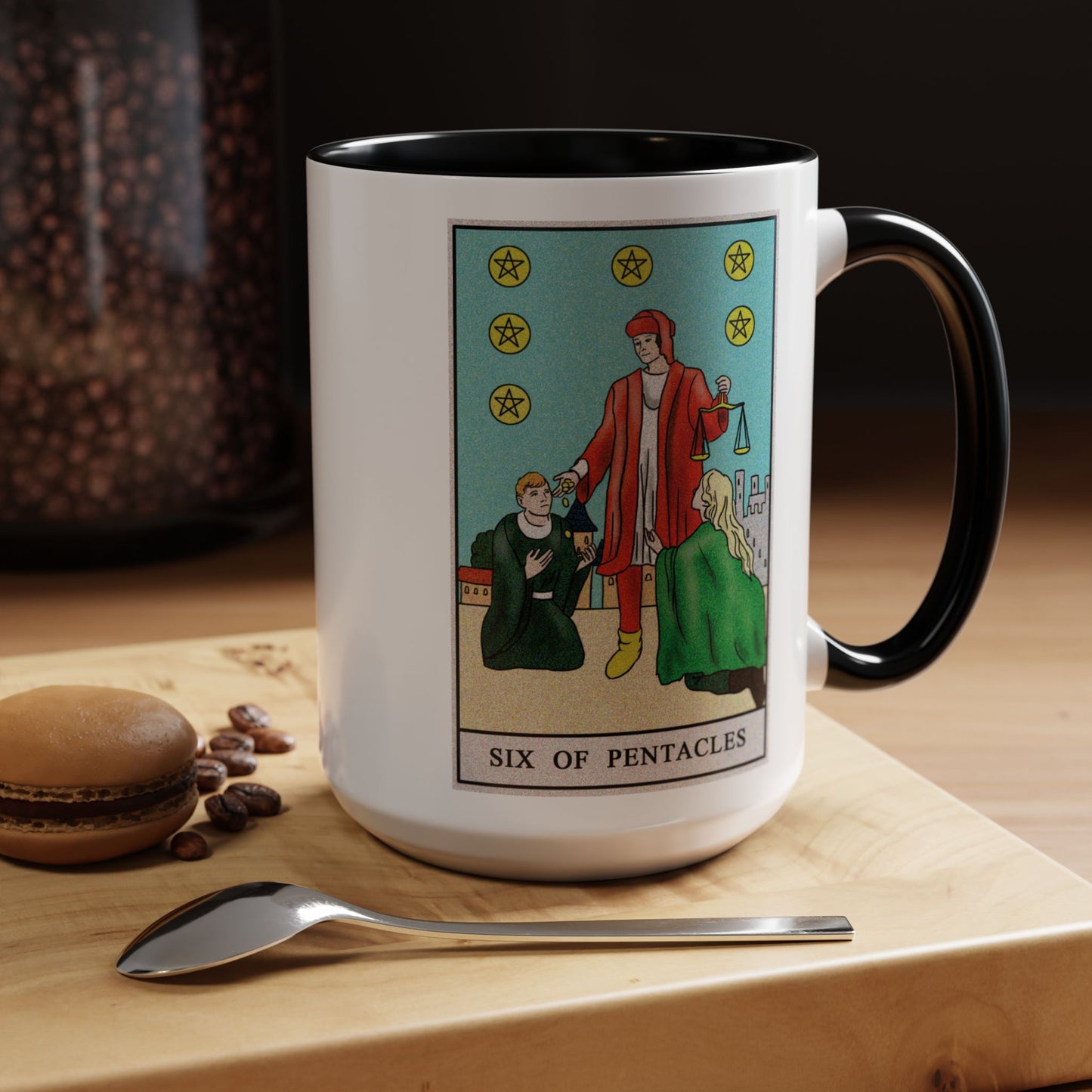 Six of Pentacles Tarot Card Coffee Mug - Double Sided Black Accent White Ceramic 15oz by TheGlassyLass.com