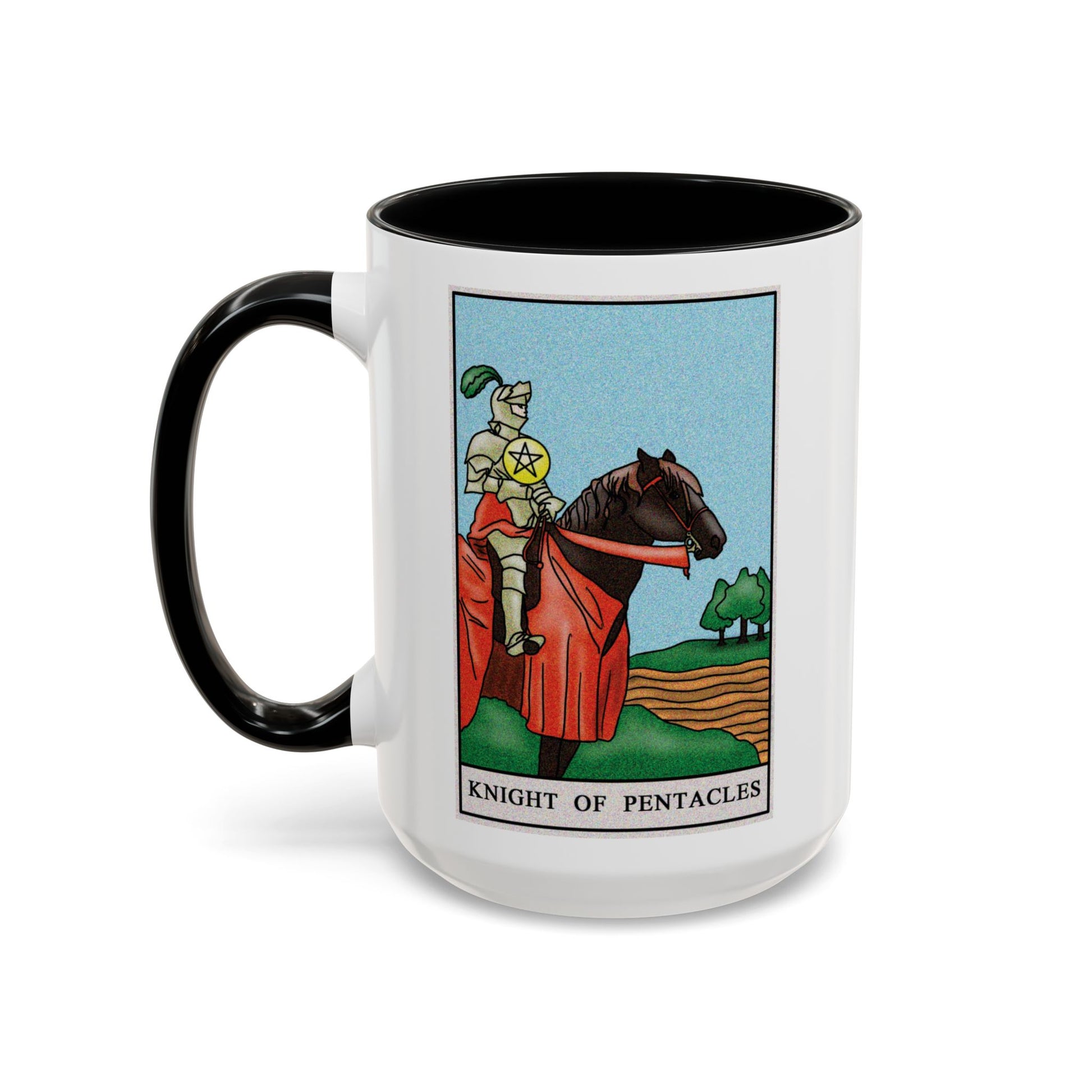 Knight of Pentacles Tarot Card Coffee Mug - Double Sided Black Accent White Ceramic 15oz by TheGlassyLass.com
