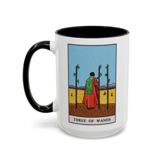 Three of Wands Tarot Card Coffee Mug - Double Sided Black Accent White Ceramic 15oz by TheGlassyLass.com