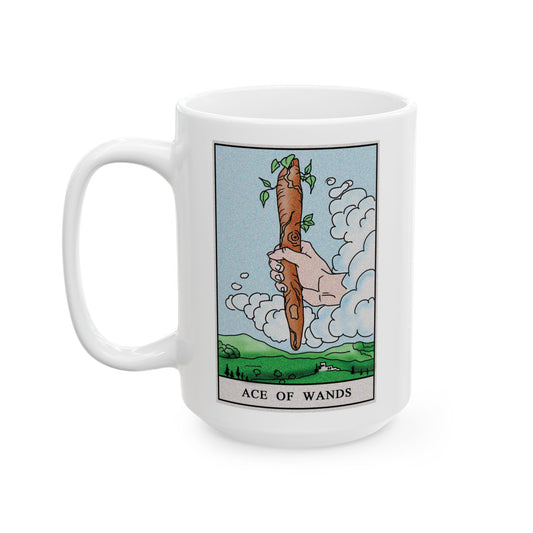 Ace of Wands Tarot Card Coffee Mug - Double Sided White Ceramic 15oz by TheGlassyLass.com