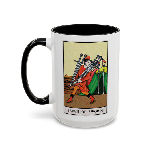 Seven of Swords Tarot Card Coffee Mug - Double Sided Black Accent White Ceramic 15oz by TheGlassyLass.com