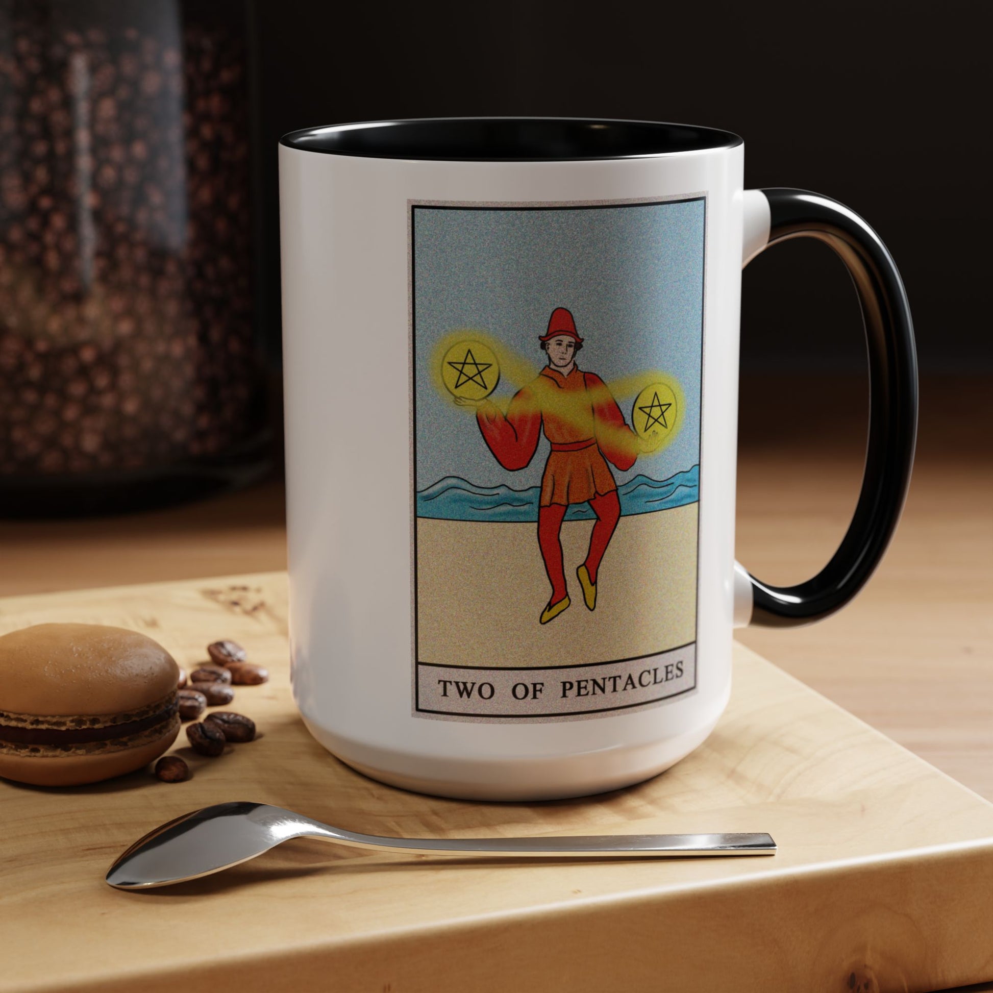Two of Pentacles Tarot Card Coffee Mug - Double Sided Black Accent White Ceramic 15oz by TheGlassyLass.com