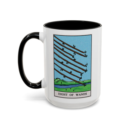 Eight of Wands Tarot Card Coffee Mug - Double Sided Black Accent White Ceramic 15oz by TheGlassyLass.com