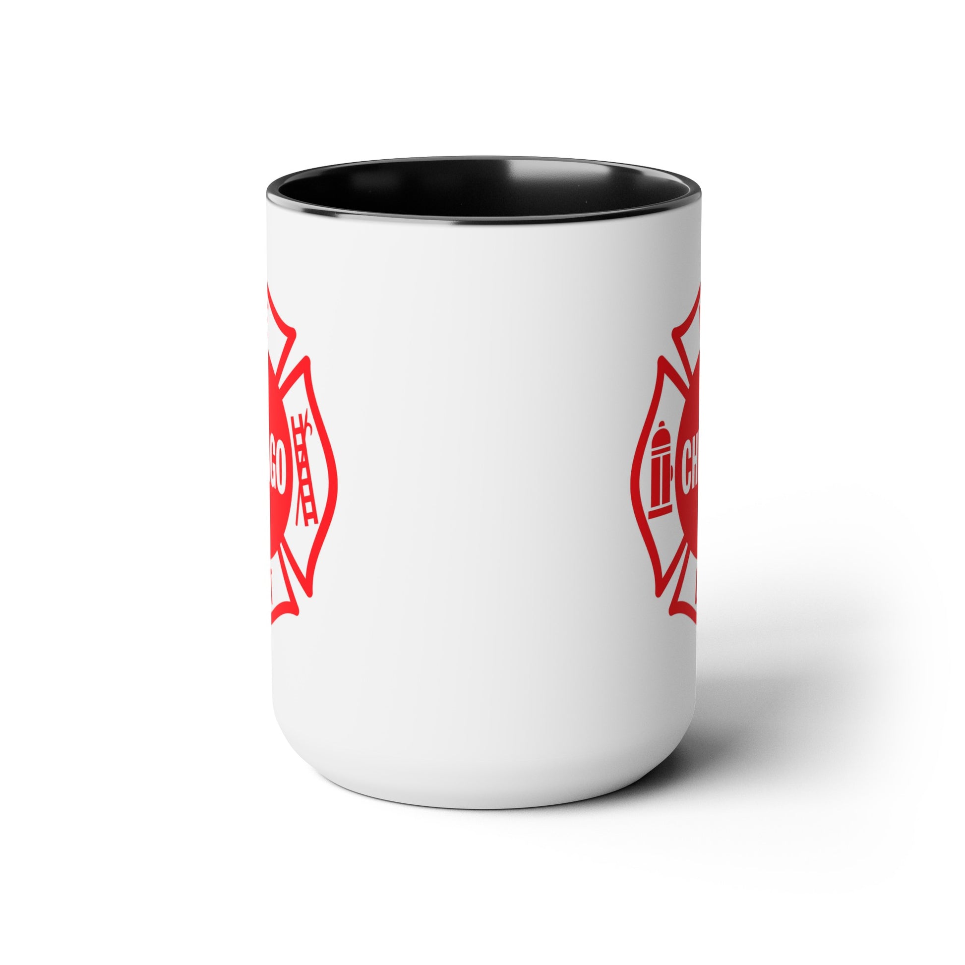 Chicago Fire Department Coffee Mug - Double Sided Print Black Accent Two Tone White Ceramic 15oz by TheGlassyLass.com